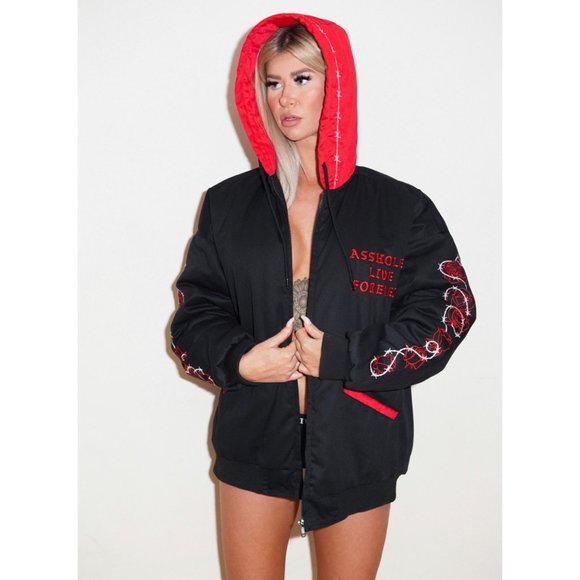 Assholes Live Forever Unisex Roses Embroidered Bomber Jacket - Picture 1 of 3
